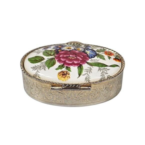 Vintage Oval Mauve Floral Design Porcelain Silver Tone Hinged Pill Trinket Box - Picture 3 of 8